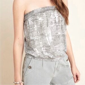 Anthropologie Silver Metallic Textured Fabric Tube Top Blouse NWT New XL